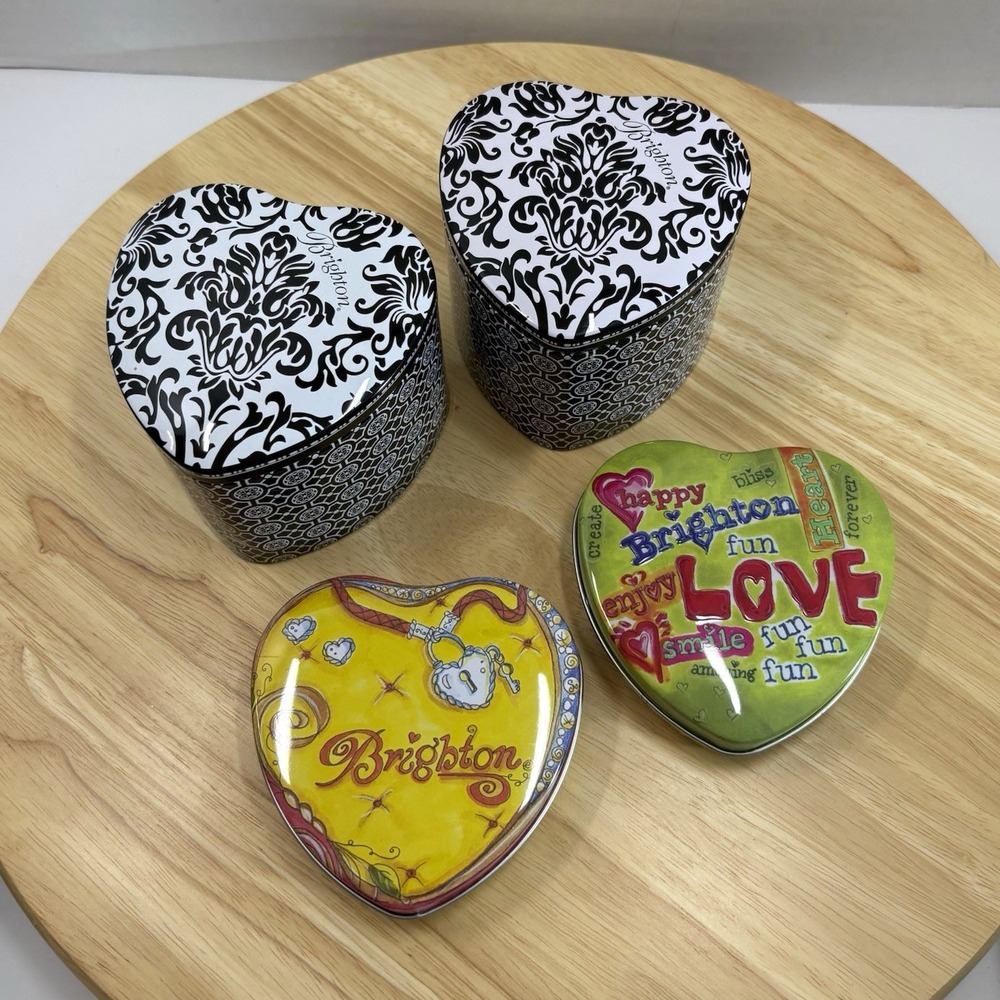 Brighton 4pc Heart-Shaped Tin Trinket Jewelry Boxes w/ Lids Multicolor Damask
